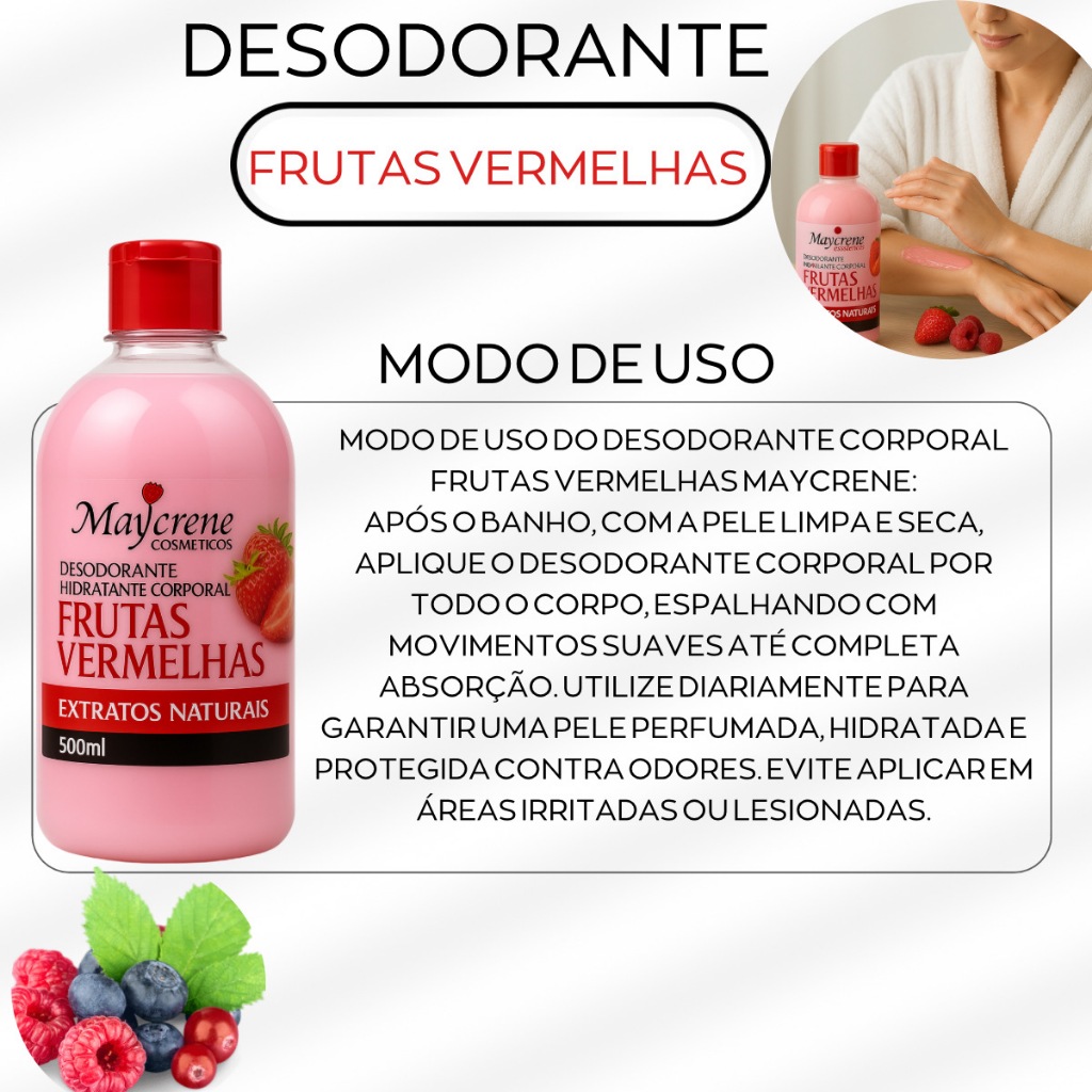 Detalhes do kit 2 Hidratante Corporal Frutas Vermelhas - Extratos Naturais - 500ml - Maycrene