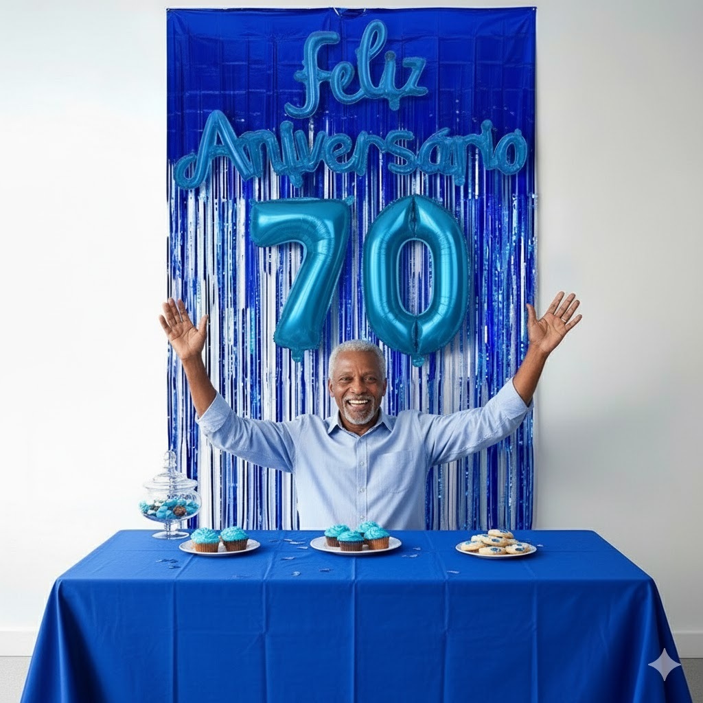 Kit Balão Metalizado Faixa Feliz Aniversário Cursivo Azul + 1 Cortina azul 1x2m + 2 Números 40cm