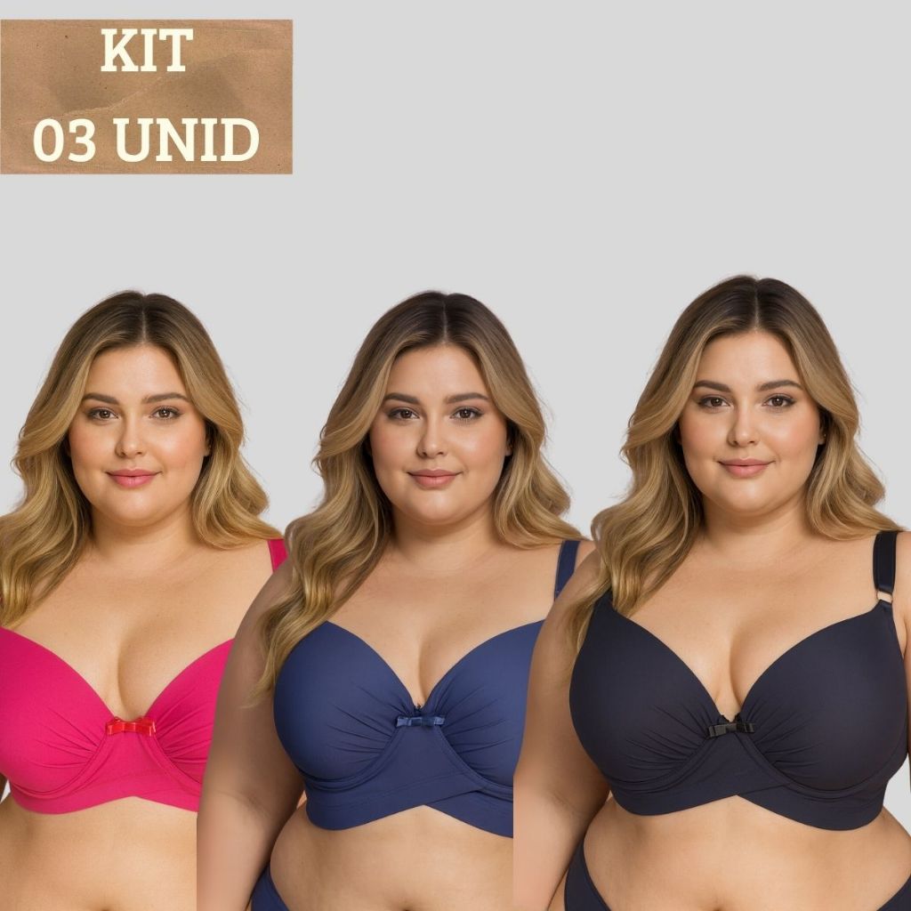 KIT 03 Sutiãs Plus Size Todo em Microfibra Reforçado Com Detalhes Em Elástico Nicole.3