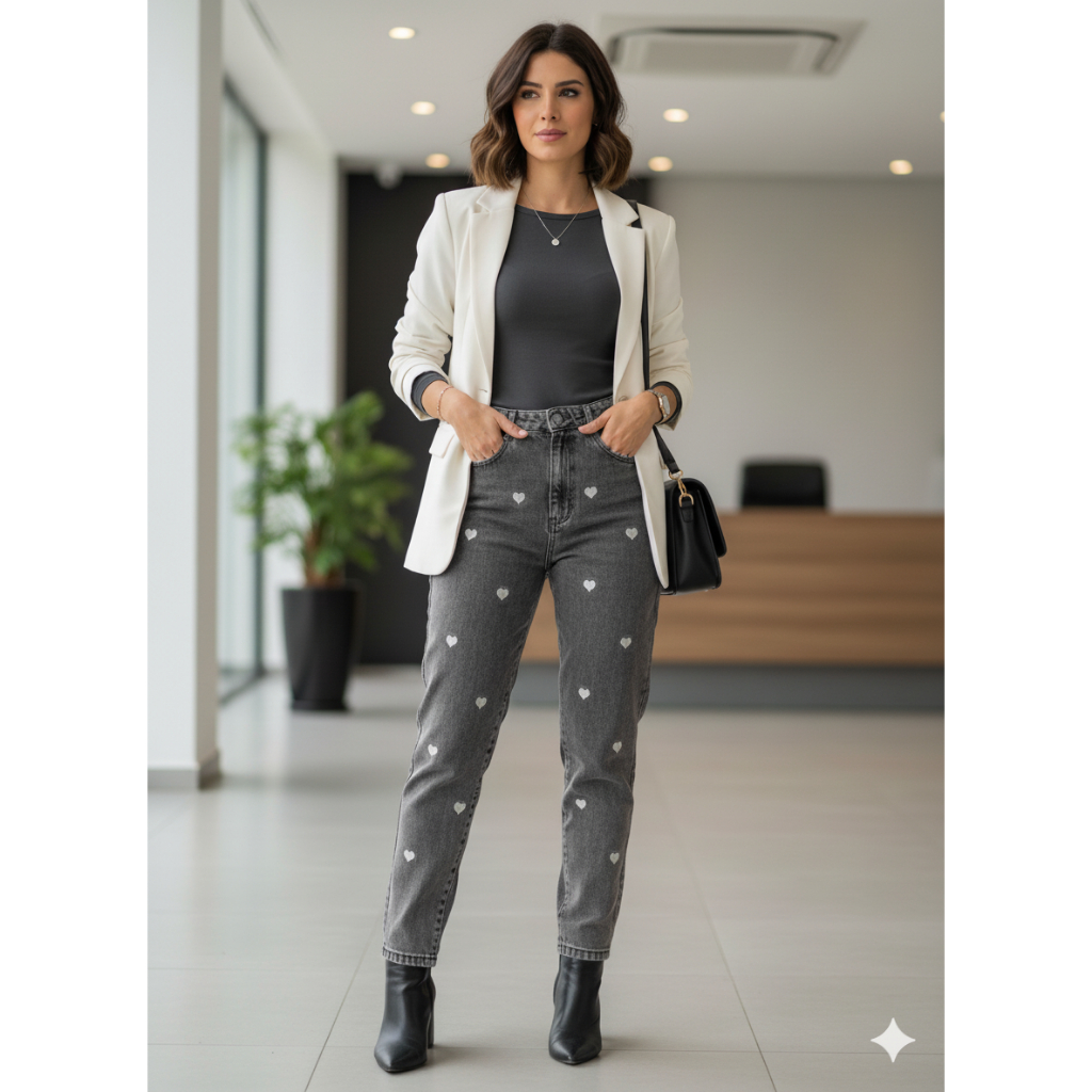 Calça Jeans Mom Preta Marmorizada com bordado : Conforto e Atitude em uma Peça em Oferta na Shopee