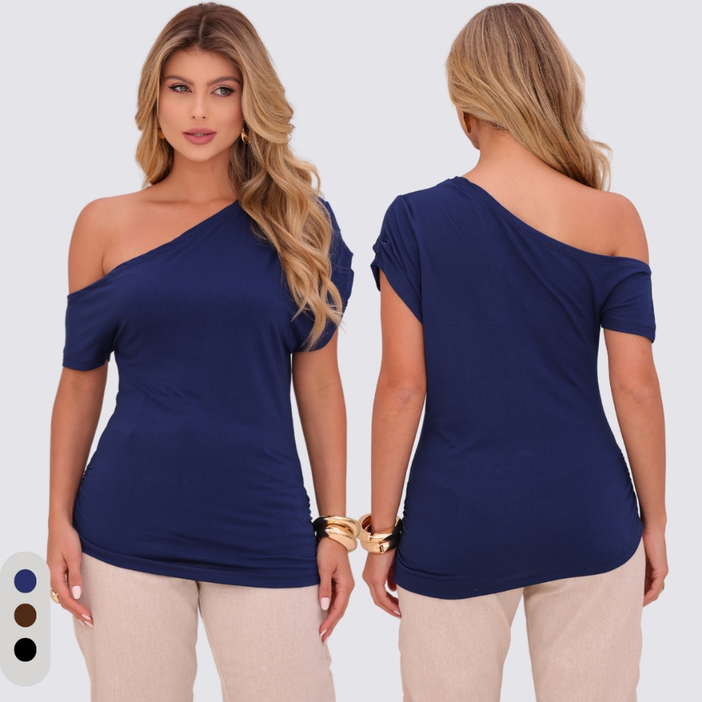 Blusa Feminina Nula Manca Malha de Viscose Ombro Caído