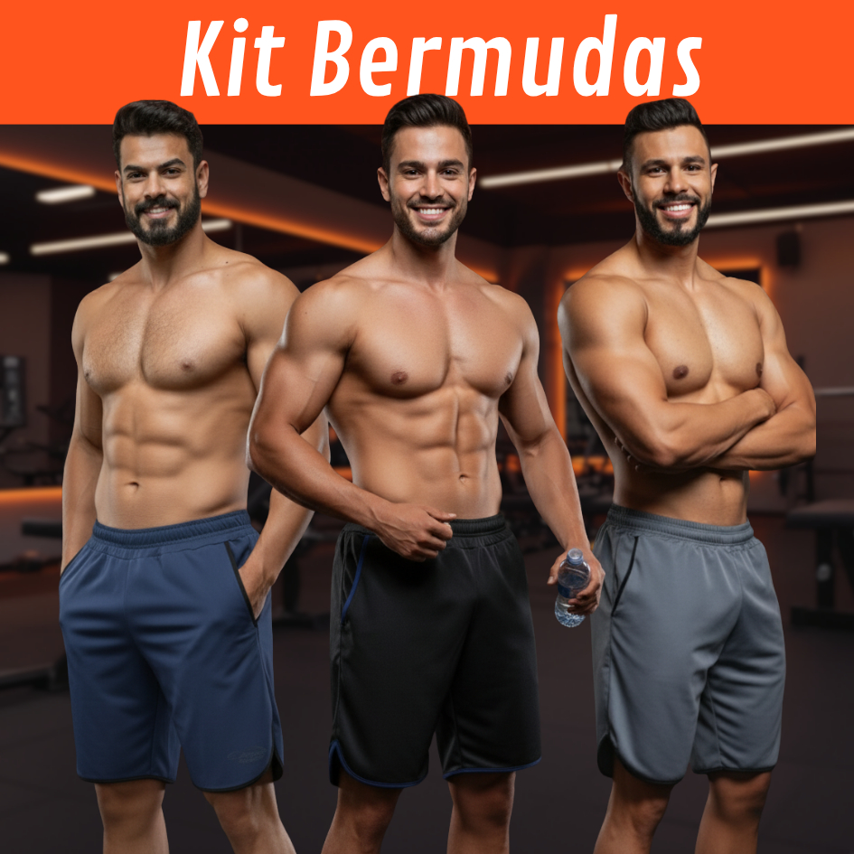 Kit Bermuda Masculina Street Fitness Short Academia com Bolsos Confortável para Treino
