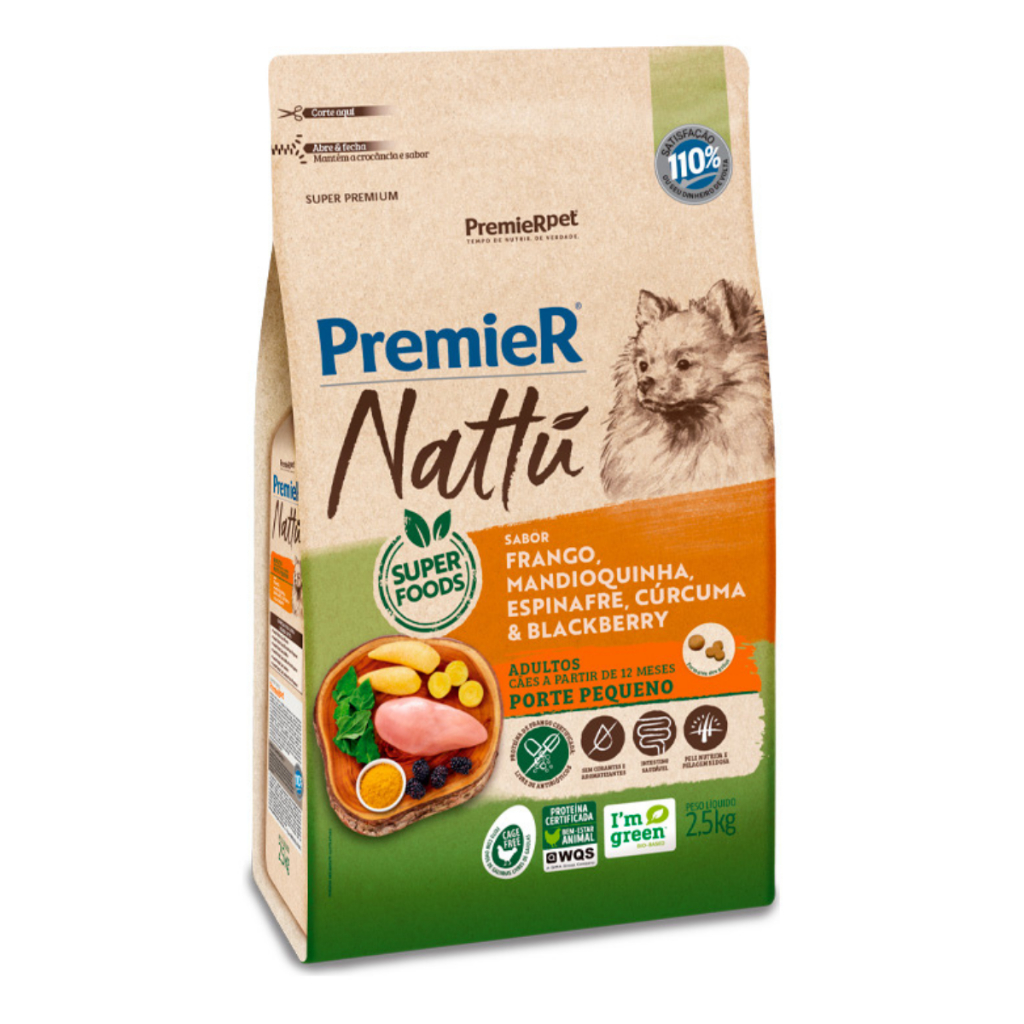 Ração Premier Nattu Cães Adultos Pequenos Frango, Mandioquinha, Espinafre, Cúrcuma e Blackberry 2,5kg