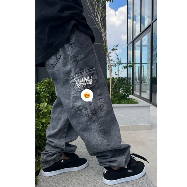 Calça cargo ESTONADA CHRONIC NOVO contraste 5 bolsos jeans denim streetwear larga balão