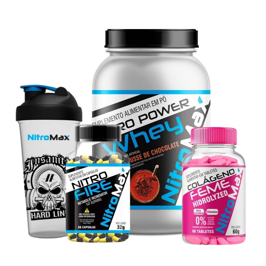 Kit 1 Nitro Power Whey 900g + 1 Nitro Fire + 1 Colágeno Feme + 1 Coqueteleira - Nitro Max