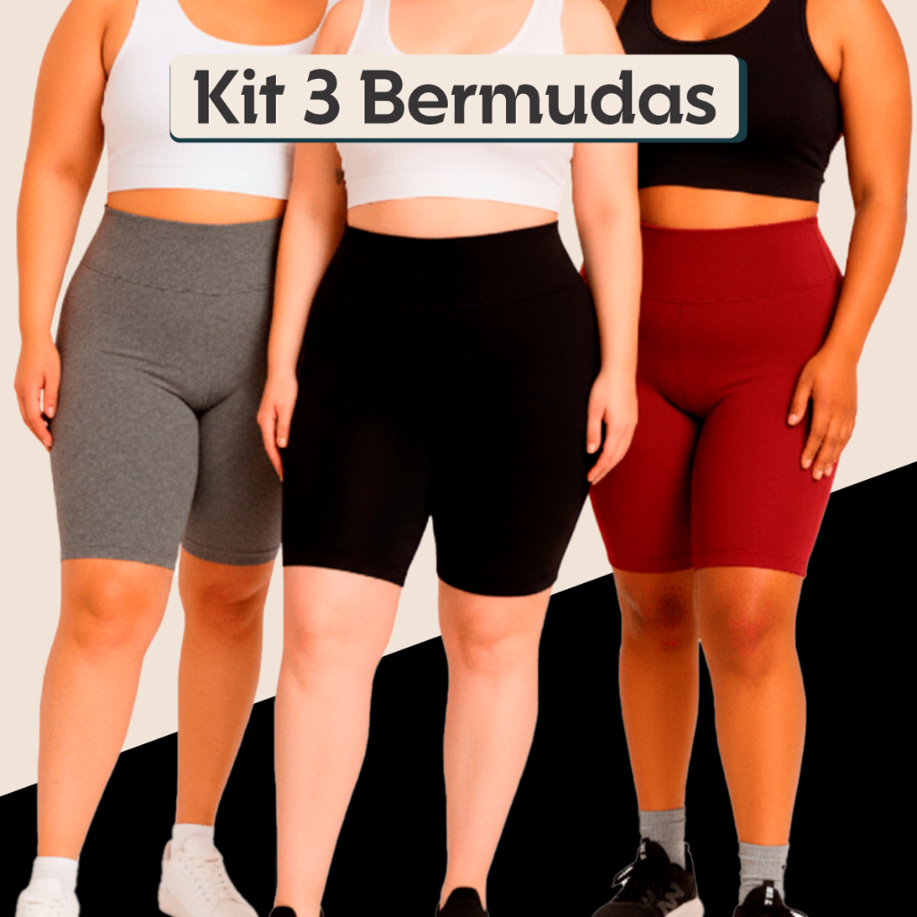 Kit 3 Bermudas Fitness Plus Size Reforçadas Cós Alto Confortáveis Dia a Dia