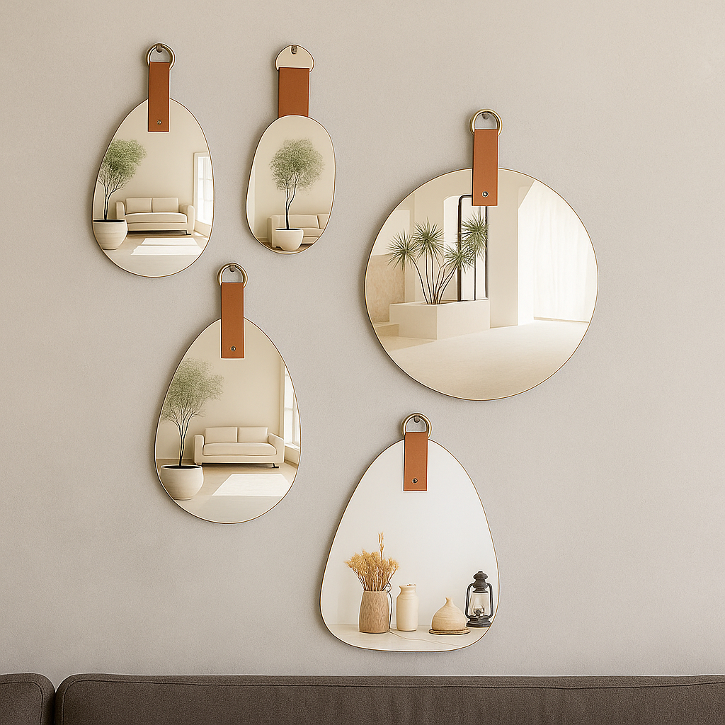 Espelho Decorativo Lapidado com Alça de Couro Circular, Gota e Cápsula em Oferta na Shopee