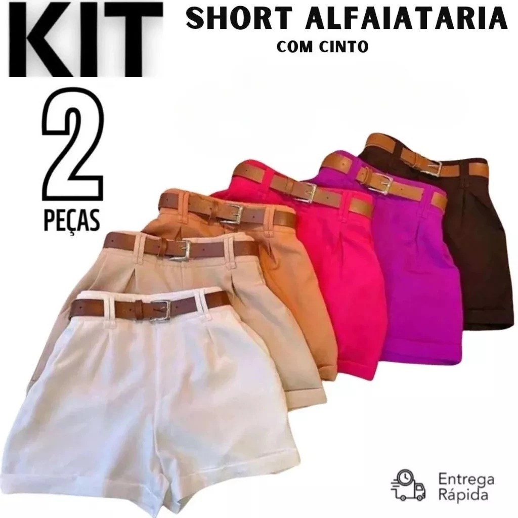 Kit 2 Shorts Alfaiataria Feminina Social Com Cinto Cintura Alta Disfarça Barriga
