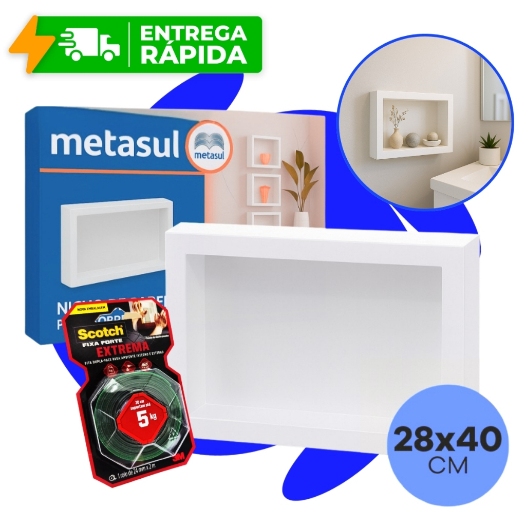 Nicho de Parede Sobrepor + Fita 3M 28x40cm Banheiro Porta Shampoo Quarto Sala Multiuso Branco em Oferta na Shopee