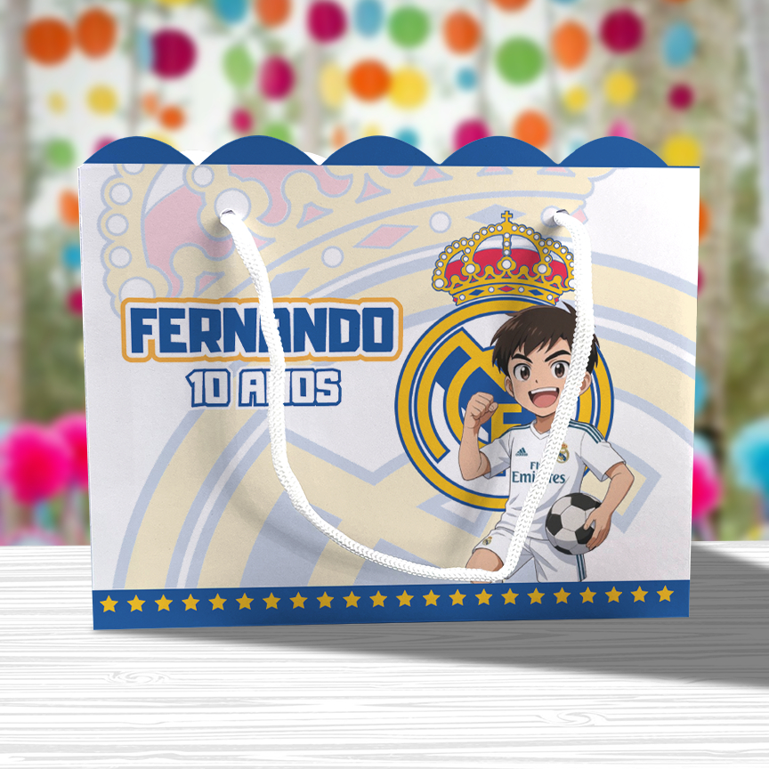 Sacolinha de Festa Real Madrid Lembrancinha Personalizada Kit Festa Sacola Ondulada Futebol