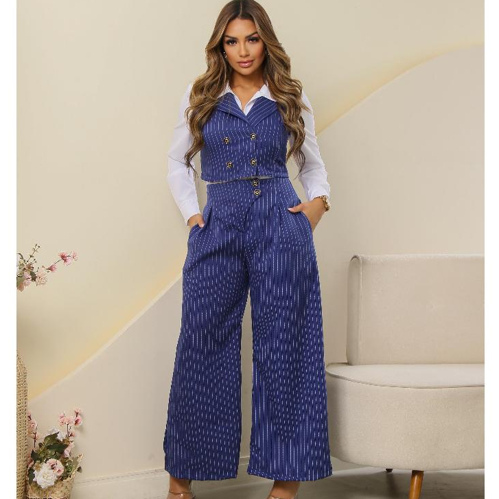 Conjunto Social Feminino Colete Alfaitaria com Calça Pantalona Elegante Risca de Giz Listrada em Oferta na Shopee
