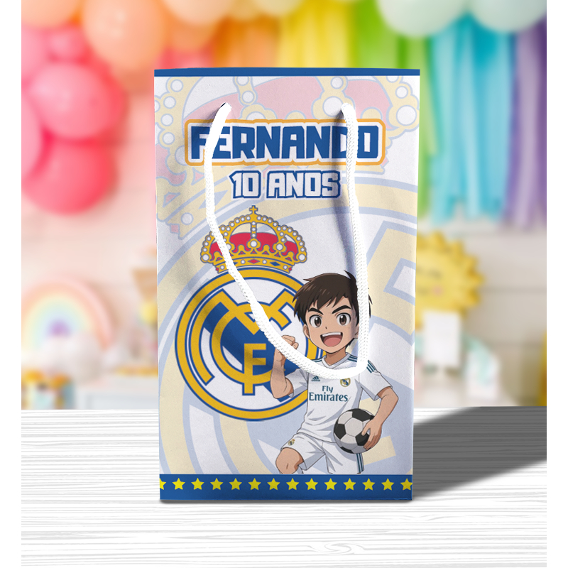 Sacolinha de Festa Real Madrid Lembrancinha Personalizada Kit Festa Sacola Pé Futebol