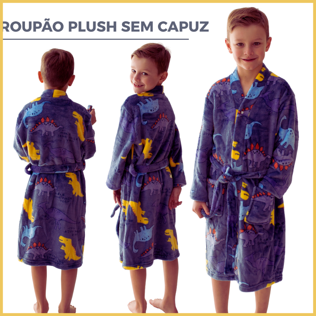 Roupão de Menino Dinossauro Pelucia Plush Microfibra Inverno Banho Infantil Crianças Personagens