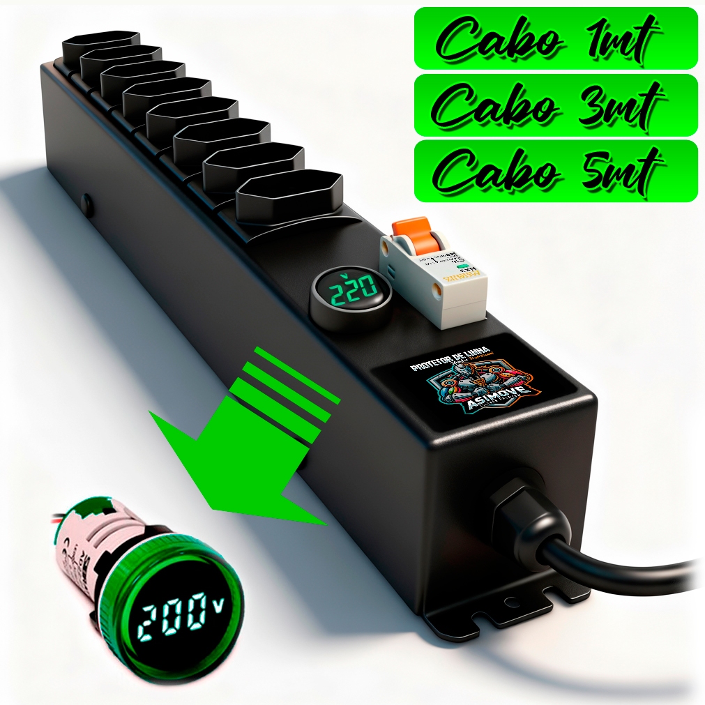 Filtro De Linha 20A Cabo 1mt | 3mt | 5mt Régua de Tomadas 8 Tom. Voltímetro E Disjuntor [ASIMOVE PREMIUM]