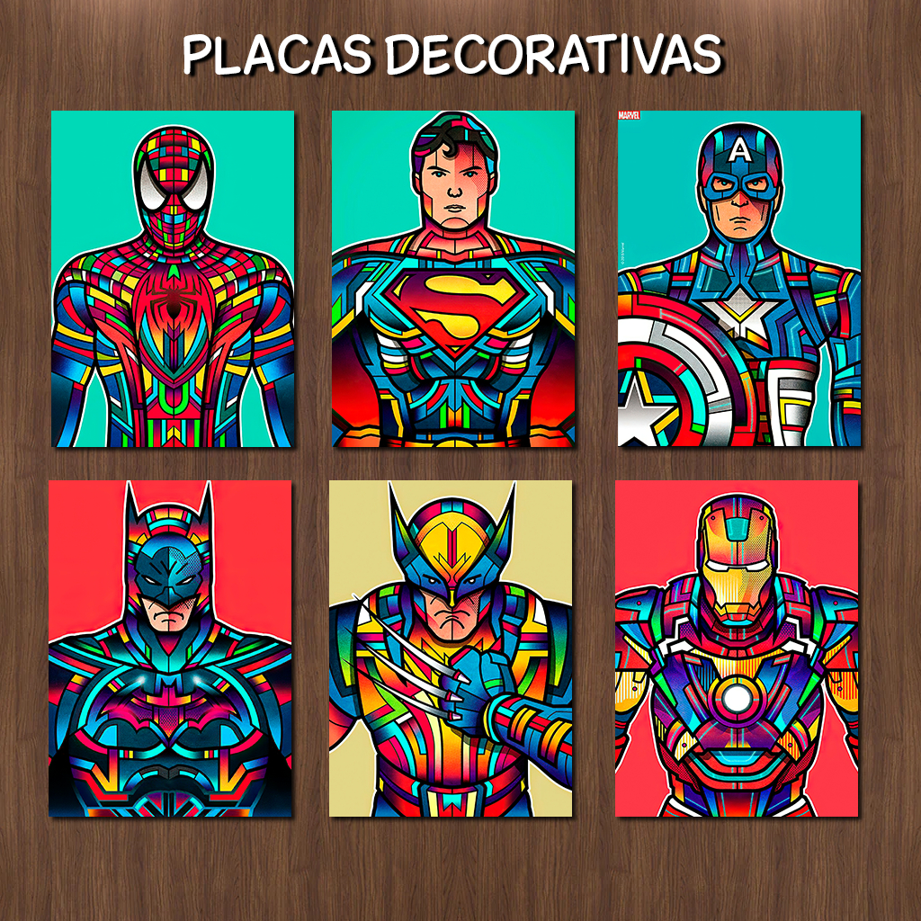 Placa Quadro Decorativo Super Heróis DC Marvel Super Man Homem Aranha 20x28.5cm