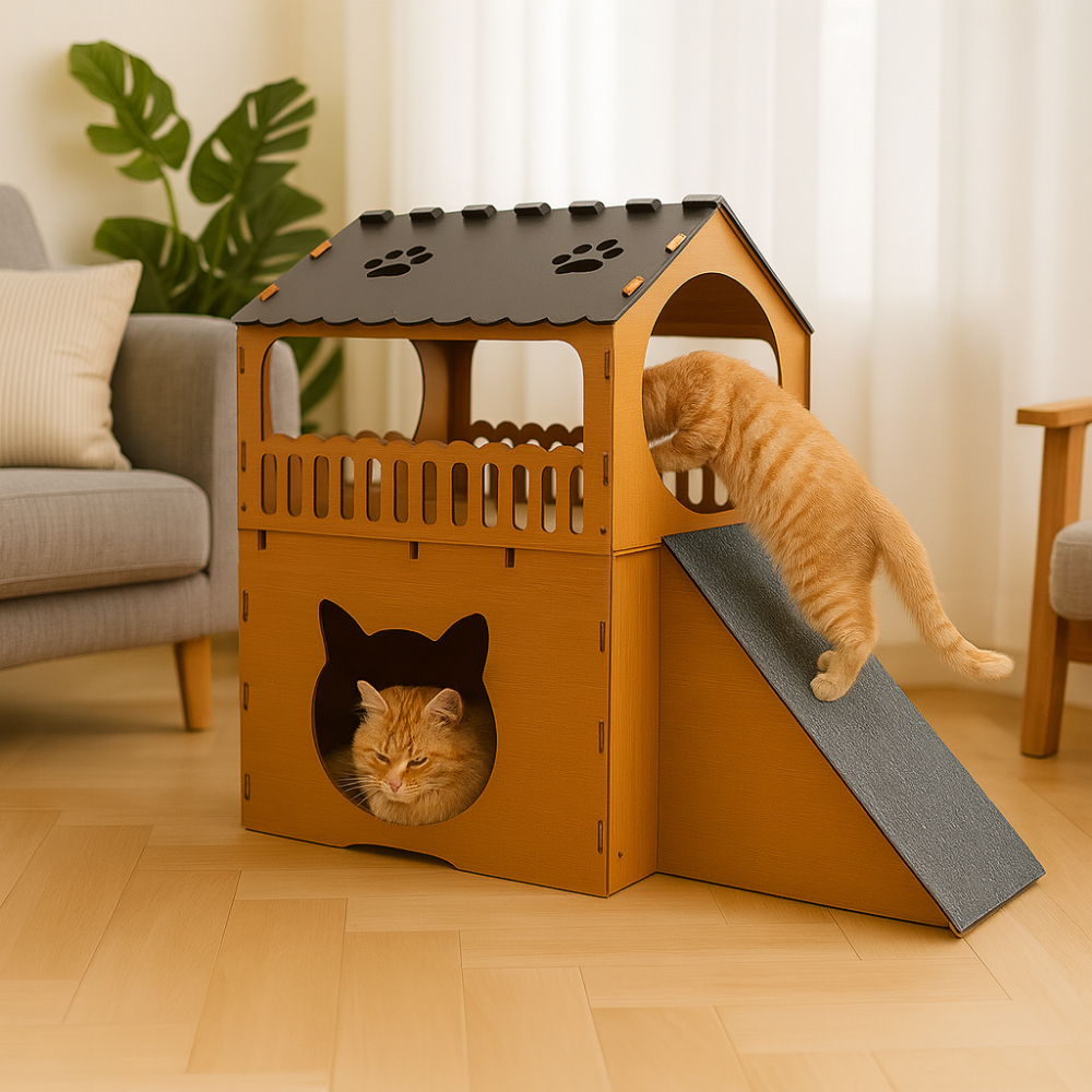 Arranhador Toca Casinha para Gatos Rampa Antiestresse Playground Casa de Gato 2 Andares Mdf Caramelo em Oferta na Shopee