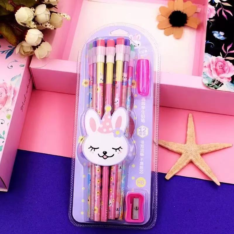 Kit de Lápis com Desenhos Animados e Borracha na Ponta,Kit so Lápis  , HB e 2B, Conjunto de Lápis