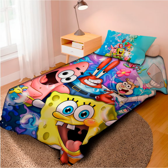 Lençol Cobre Leito Casal e Fronha Bob Esponja Calça em Oferta na Shopee