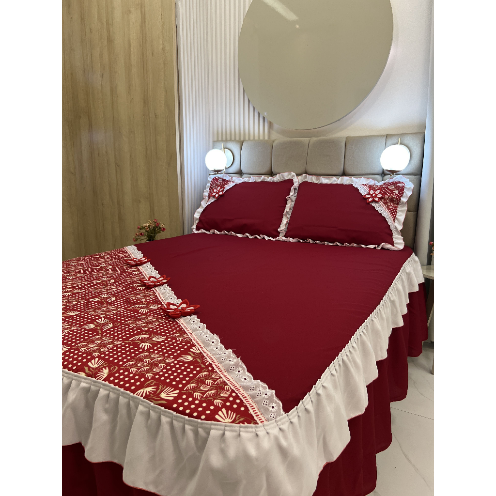 Colcha de Casal Fuxico com Babado 3 Peças 2,35mx2,5m Vermelho Cama Posta Elegante Paris Oxford em Oferta na Shopee