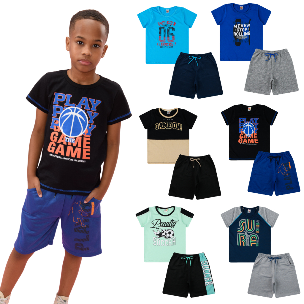 Kit 5, 4, 3 ou 2 Conjuntos Sortido Masculino Infantil/Juvenil - Camisetas + Bermuda Menino Verão