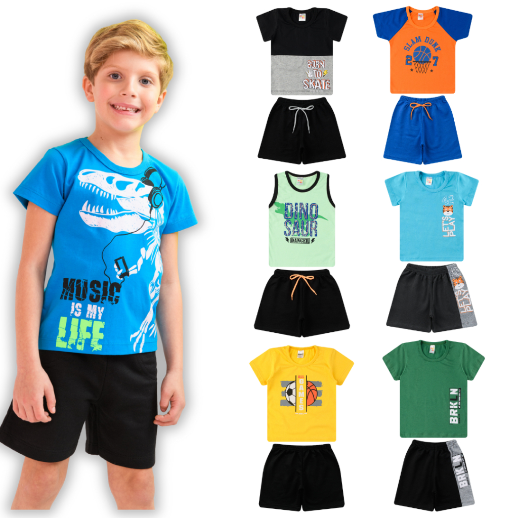 Kit 2/3/4 Conjuntos Sortidos Masculino Bebê Infantil Camiseta Manga Curta e Bermuda Menino Verão
