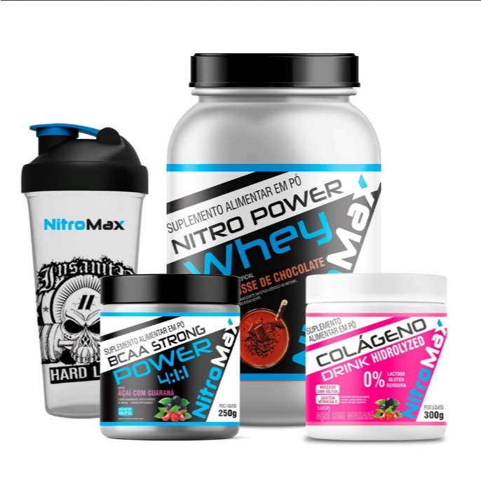 Kit Nitro Power Whey 900g + BCAA Strong 250g + Colágeno Drink 300g + Coqueteleira - Nitro Max