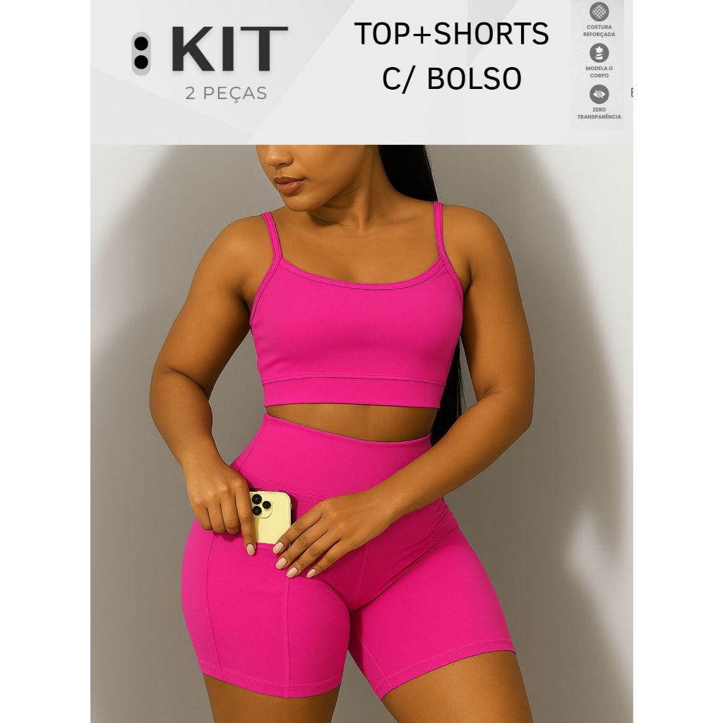 Conjunto top e shorts com BOLSO Fitness Academia Cintura alta Cós Duplo em Oferta na Shopee