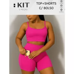 Conjunto top e shorts com BOLSO Fitness Academia Cintura alta Cós Duplo