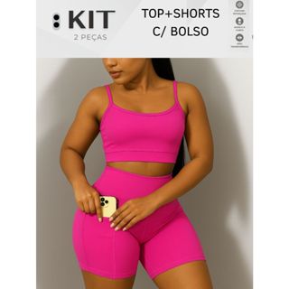 Conjunto top e shorts com BOLSO Fitness Academia Cintura alta Cós Duplo em Oferta na Shopee