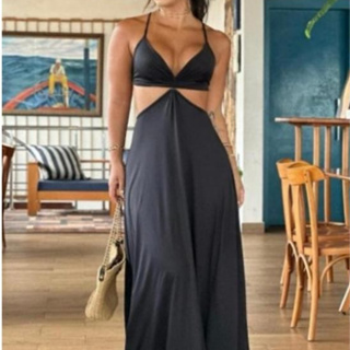 Vestido Longo Feminino Aberto Cintura Trançado Costas em Oferta na Shopee