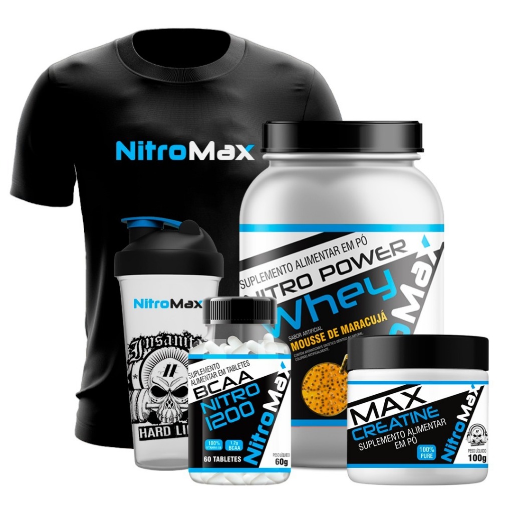 Kit Nitro Power Whey 900g + BCAA Nitro 1200 + Max Creatine 100g + Camiseta Nitro + Coqueteleira 600ml - Nitro Max