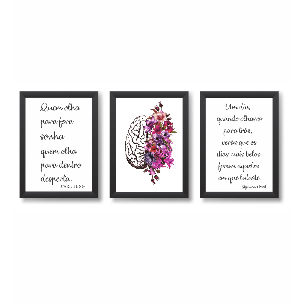 Kit 3 Quadros Decorativos Psicologia Psicanálise Decoração Consultório Molduras 20x30cmMadeira