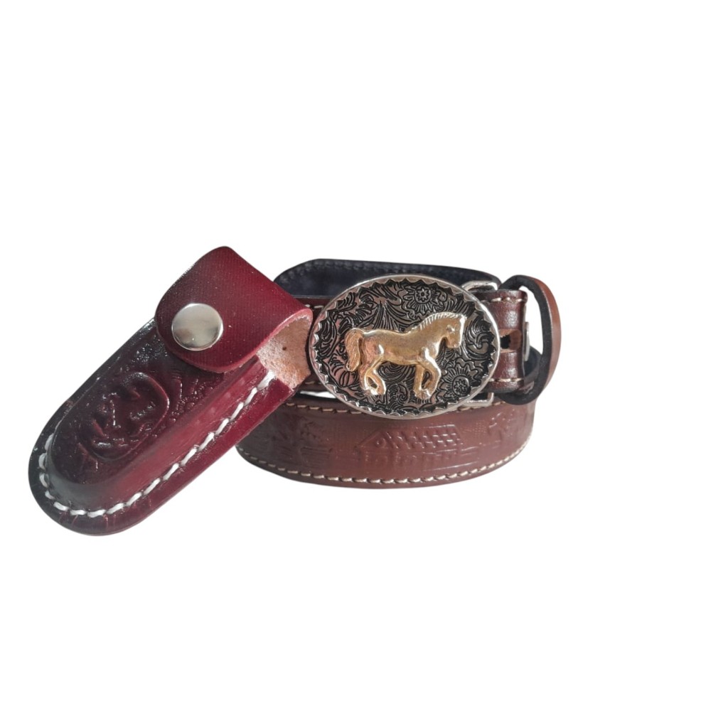 Cinto e Bainha Infantil em Couro Legítimo com Fivela de Metal Muito Resistente em Oferta na Shopee