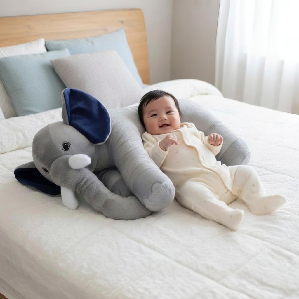 Almofada Travesseiro Para Bebê Menina Elefante Pelúcia 60cm