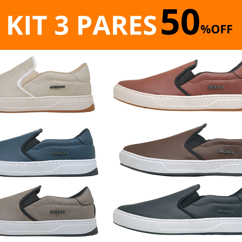 Kit 03 PARES Tênis Slip On ORIGINAL Masculino Casual Confortável Direto da Fábrica Leve