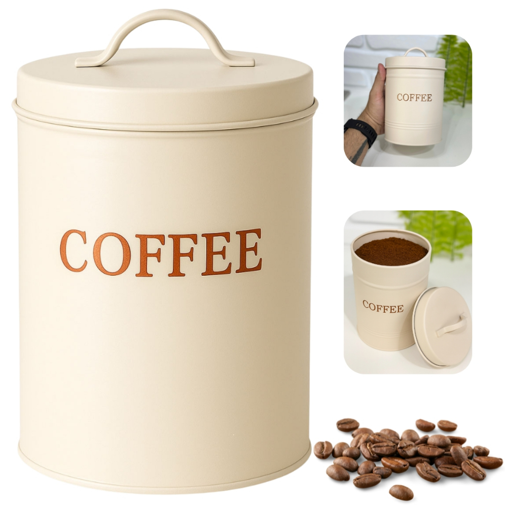 Pote Porta Mantimento Café Lata De Aço 11x15cm Bege Multiuso Decorativo Cozinha Coffee Mundiart