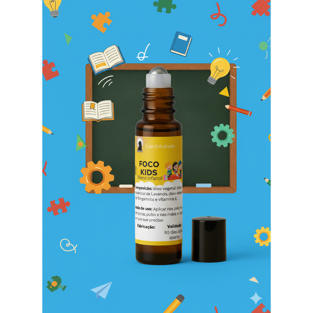 Óleo Essencial Roll-on Kids Foco e Concentração | Blend Infantil Estudos TDAH | Limão, Vetiver e Olíbano