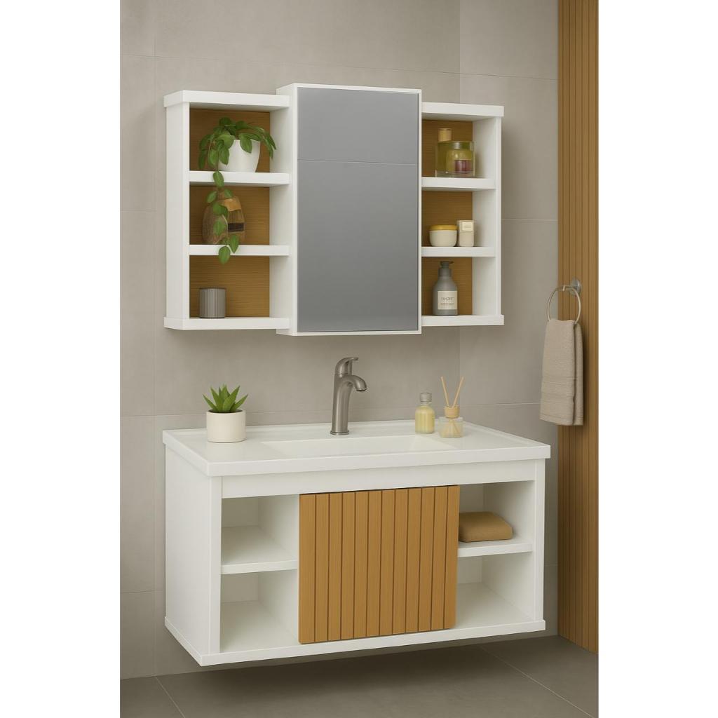 Kit Gabinete para Banheiro Completo com Cuba, Pia e Espelheira Com Nichos – Várias Cores