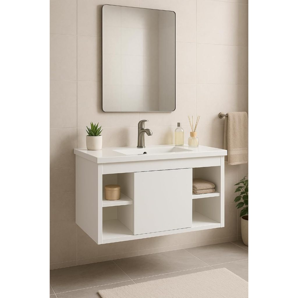 Gabinete de Banheiro Suspenso Completo com Cuba Pia e Porta Nichos Moderno Compacto em Oferta na Shopee