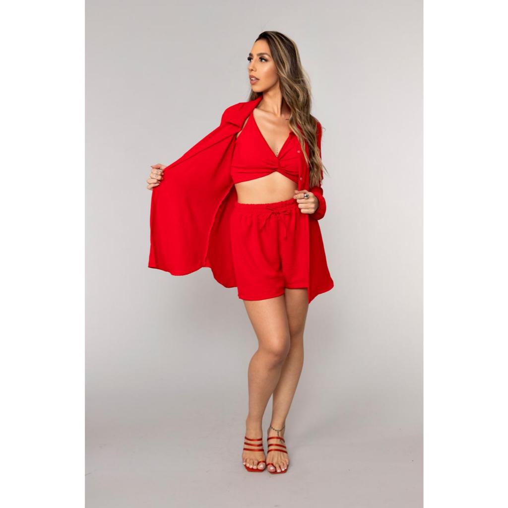 Conjunto Feminino 3 Peças - camisa, Top e Short Cintura Alta