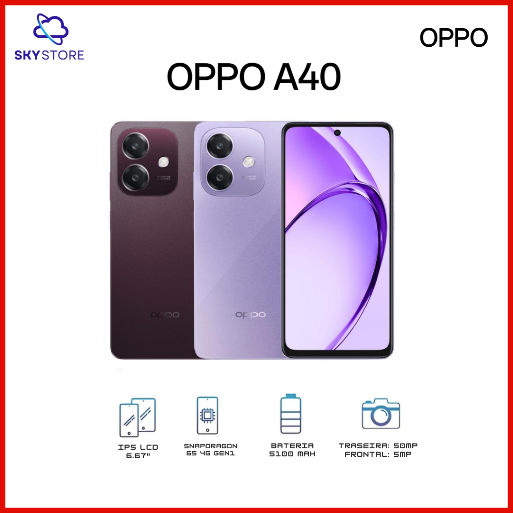 Oppo A40 256GB e 4GB RAM, Processador Qualcomm® Snapdragon® 6s 4G Gen1 Versão Global