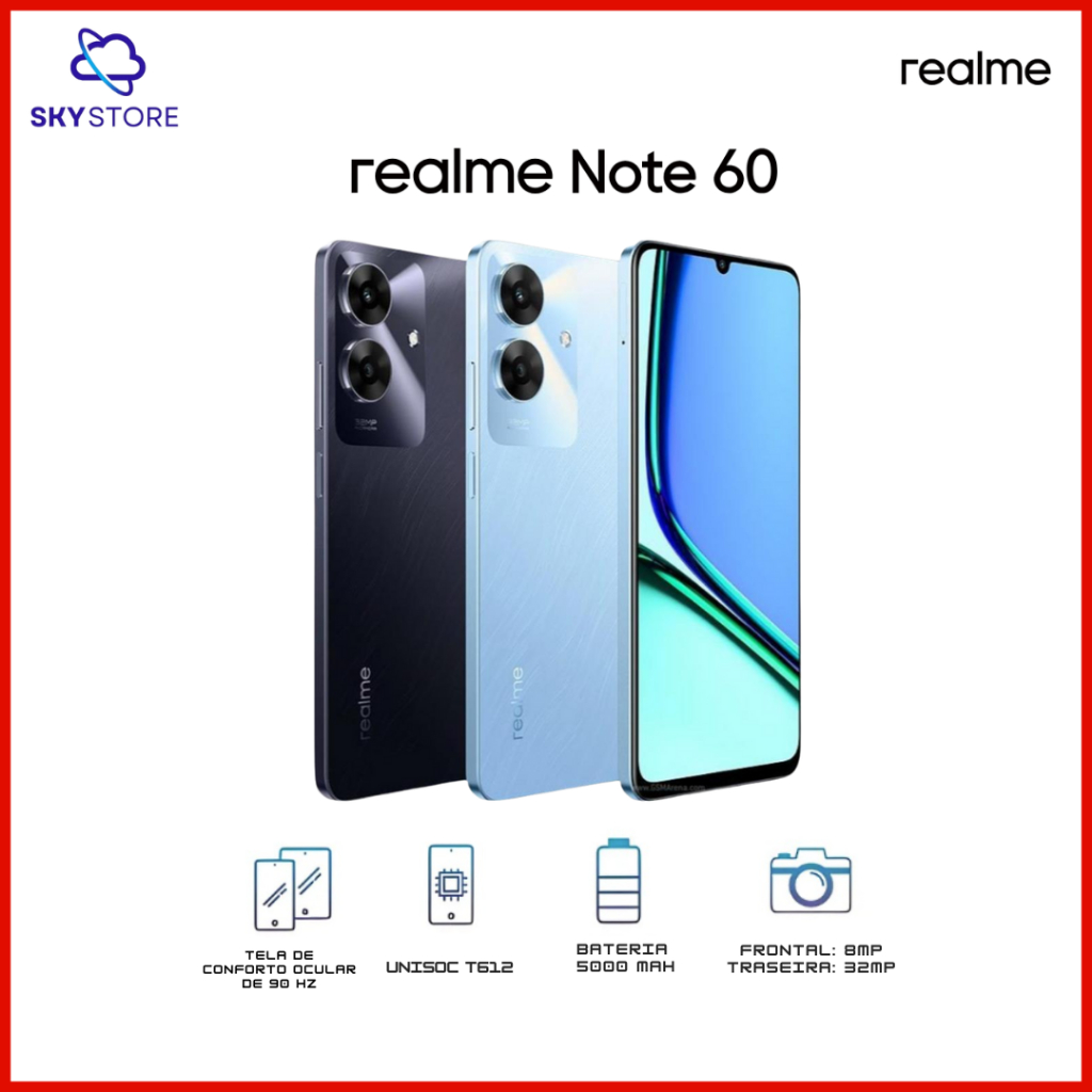 Realme Note 60 4G , Memória 128GB / 4GB RAM, Processador Unisoc T612., Cãmera 32MP, Com Garantia, Bateria 5000MAh em Oferta na Shopee