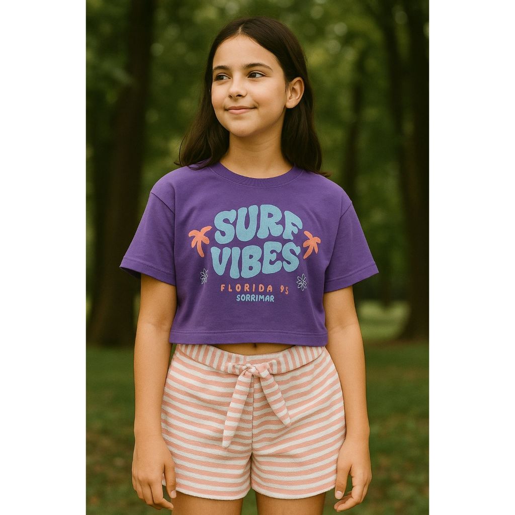 Conjunto Juvenil Feminino Cropped e Shorts com Laço Estampa Surf 10 a 14 Anos Confortável e Estiloso