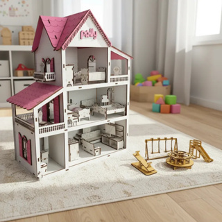 Casa de Boneca com Moveis e Parquinho Miniatura Casinha Brinquedo Kids Infantil mdf acabamento em Oferta na Shopee