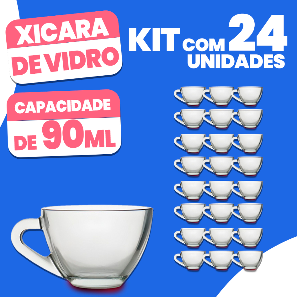 Kit 24 Xícaras de Vidro 90ML para Café Chá Leite Premium Resistente Elegante Funcional Conjunto