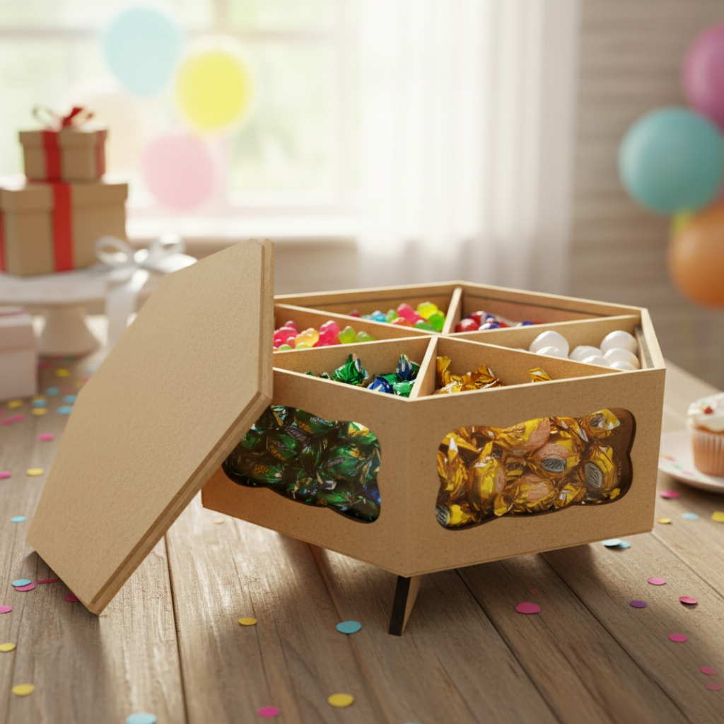 Baleiro Giratório em MDF Cru com Tampa e Divisórias para Doces e Balas com vidros e tampa em Oferta na Shopee