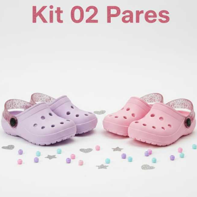 KIT 2 PARES - Babuche Infantil Antiderrapante Confortável Kids Menina Feminino Rosa Lilas/LISO