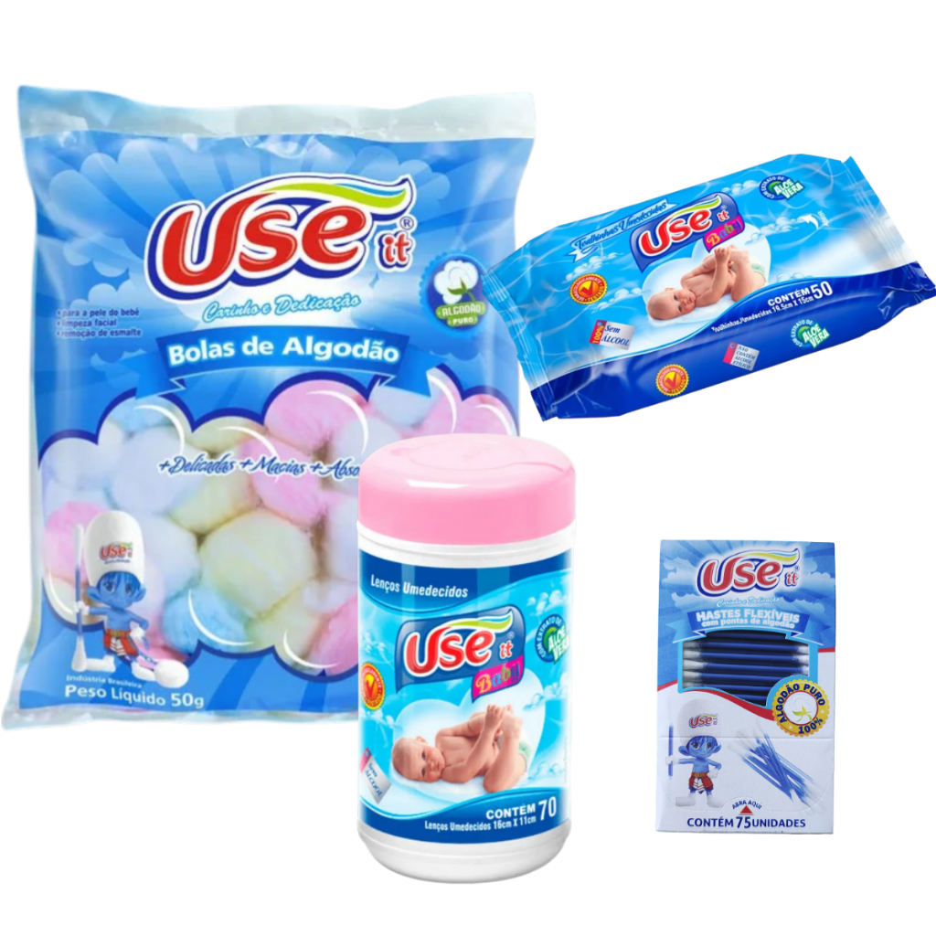Kit Higiene Bebê Com Toalha Lenço Umedecido, Cotonete, Algodão, Pote Lenço Umedecido Higiene 4 Itens
