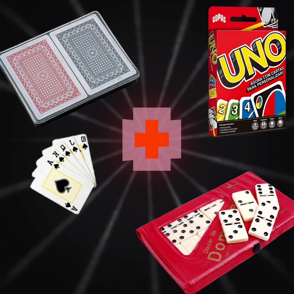 Kit 3 Jogos Dominó Osso Profissional Baralho Duplo Plástico e UNO Diversão Garantida Férias Original