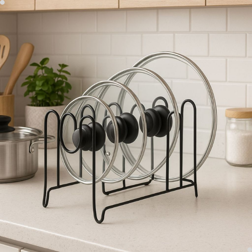 Suporte Organizador Tampas Panela Pia Cozinha Armário Balcão 6 Divisões Preto e Branco